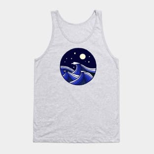 Line drawing: Stylized waves in moonlight in blue and white Tank Top